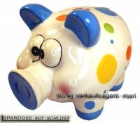 Sparschwein R�ssel mit Punkten Farbe blau, Spardose & Schloss Ma�e ca.: L= 20cm - Bild vergr��ern 