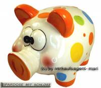 Sparschwein R�ssel mit Punkten Farbe orange, Spardose & Schloss Ma�e ca.: L= 20cm - Bild vergr��ern 