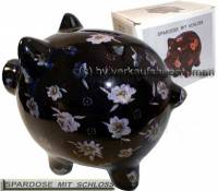 SPARSCHWEIN DEKOR BLUMEN 2 schwarz SPARDOSE KERAMIK NEU Ma�e ca.: L= 20cm - Bild vergr��ern 
