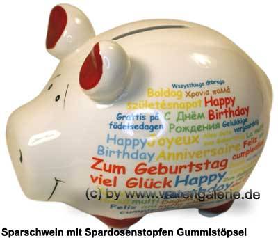 Sparschwein Happy Birthday International mit Beschriftung