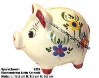 Sparschwein mit Dekor Blumen klein wei Keramik mit Spardosenschloss Mae ca.: L= 12,5 cm - Bild vergrern 