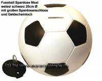 Grospardose Fuball wei/ schwarz mit groen Spardosenschloss Mae ca.: D=  20 cm - Bild vergrern 