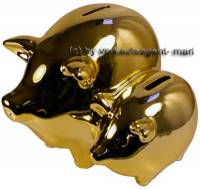 Doppel- Sparschwein Gold mit Spiegel- Effekt Keramik mit Spardosenstopfen Mae ca.: L= 18 cm - Bild vergrern 