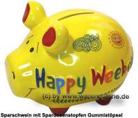 Sparschwein 3D Design Happy Weekend gelb Keramik Marke KCG Ma�e ca.: L= 12,5 cm - Bild vergr��ern 