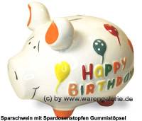 Sparschwein 3D Design Happy Birthday wei mittelgro Keramik Marke KCG Mae ca.: L= 17 cm - Bild vergrern 