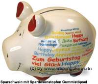 Sparschwein Happy Birthday International wei� bunte Schrift Keramik Marke KCG Ma�e ca.: L= 12,5 cm - Bild vergr��ern 
