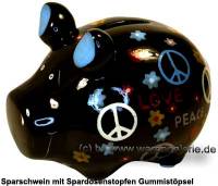 Sparschwein Hippie schwarz mit bunten Love Peace Dekor Keramik Marke KCG Mae ca.: L= 12,5 cm - Bild vergrern 