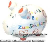 Sparschwein Zum Schulanfang wei bunte Dekor Schrift Keramik Marke KCG Mae ca.: L= 12,5 cm - Bild vergrern 