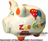 Sparschwein 3D Design Zur Geburt wei mittelgro Keramik Marke KCG Mae ca.: L= 17 cm - Bild vergrern 