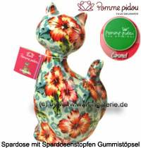 Spardose Spartier Katze Caramel blaugr�n bunte Blumen Keramik Marke Pomme Pidou Ma�e ca.: H= 22 cm - Bild vergr��ern 