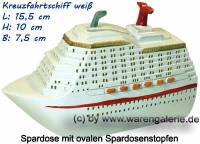 Spardose Kreuzfahrtschiff wei� aus Kunststein mit ovalen Spardosenstopfen  Ma�e ca.: L= 15,5 cm - Bild vergr��ern 