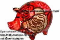 Sparschwein Design Dekor rot bunte Blten Keramik klein Spardosenstopfen Mae: ca.: L= 13 cm - Bild vergrern 