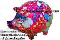 Sparschwein Design Dekor rot/ rosa bunte Blten Keramik klein Spardosenstopfen Mae: ca.: L= 13 cm   - Bild vergrern 