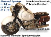 Spardose Motorrad wei/ bunt aus Kunststein mit Spardosenstopfen Mae ca.: L= 20 cm - Bild vergrern 