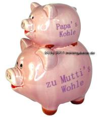 Sparschwein Papa`s Kohle zu Mutti`s Wohle rosa mit Spardosenstopfen Gummstpsel Mae ca.: L= 17,5 cm - Bild vergrern 