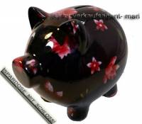 Sparschwein Dekor Blumen schwarz mit rot/ bunten Blten Keramik und Schloss Mae ca.: L= 20 cm       - Bild vergrern 