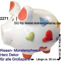 Sparschwein 3D Design Herz Dekor wei/bunt riesengroes Monster Keramik Marke KCG Mae ca.: L= 30 cm - Bild vergrern 