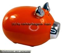 Sparschwein Silberohr orange mit Silber- Chrom- Spiegeleffekt und Spardosenschloss Mae ca: L= 19 cm - Bild vergrern 