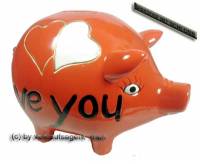 Sparschwein Design Herzen rot -I love you- Keramik mit Spardosenschloss & Schlssel Mae ca: 16 cm - Bild vergrern 