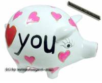 Sparschwein Design Herzen wei -I love you- Keramik mit Spardosenschloss & Schlssel Mae ca: 16 cm - Bild vergrern 