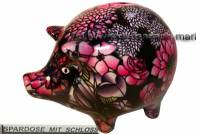 Sparschwein Design Dekor schwarz mit bunten Blten Keramik mit Spardosenschloss Mae ca.: L= 17 cm - Bild vergrern 