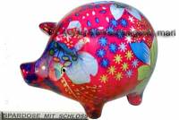 Sparschwein Design Dekor rot mit bunten Bl�ten Keramik mit Spardosenschloss Ma�e ca.: L= 17 cm - Bild vergr��ern 