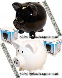 Sparschweinset wei & schwarz zwei Sparschweine Set mit Euro- Symbol Mae je ca.: L= 11,5 cm - Bild vergrern 