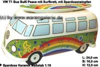 Spardose Auto Bulli VW T1 Bus Dekor Peace mit Surfbrett Keramik mit Gummistopfen Mae ca.: L= 24 cm - Bild vergrern 