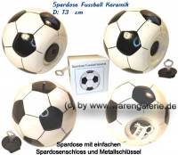 Spardose Fussball Keramik wei / schwarz mit Spardosenschloss & Schlssel Mae ca.: = 13 cm - Bild vergrern 