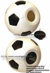 Grospardose Fuball wei/ schwarz mit groen Spardosenschloss Mae ca.: D=  20 cm - Bild vergrern 