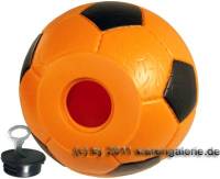 Spardose Fuball orange/ schwarz mit Spardosenschloss und Spardosenschlssel Mae ca.: = 15,5 cm - Bild vergrern 