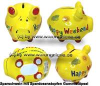 Sparschwein 3D Design Happy Weekend gelb Keramik Marke KCG Ma�e ca.: L= 12,5 cm - Bild vergr��ern 