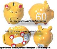 Sparschwein 3D Design 60 Birthday! gelb Keramik Marke KCG Ma�e ca.: L= 12,5 cm - Bild vergr��ern 