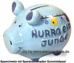 Sparschwein 3D Design Hurra ein Junge hellblau klein Keramik Marke KCG Maße ca.: L= 12,5 cm