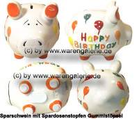 Sparschwein 3D Design Happy Birthday wei mittelgro Keramik Marke KCG Mae ca.: L= 17 cm - Bild vergrern 