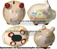 Sparschwein Happy Birthday International wei� bunte Schrift Keramik Marke KCG Ma�e ca.: L= 12,5 cm - Bild vergr��ern 