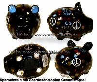 Sparschwein Hippie schwarz mit bunten Love Peace Dekor Keramik Marke KCG Mae ca.: L= 12,5 cm - Bild vergrern 
