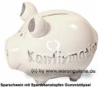 Sparschwein �Konfirmation� wei&szlig; silberfarben  �  modernes KCG 3D Keramik-Design Ma&szlig;e ca.: L= 12,5 cm