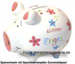 Kleinsparschwein Kleiner Engel weiß bunte Dekor Schrift Keramik Marke KCG Maße ca.: L= 12,5 cm