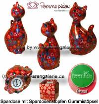 Spardose Spartier Katze Caramel rot mit bunten Blumen Keramik Marke Pomme Pidou Mae ca.: H= 22 cm - Bild vergrern 