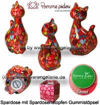 Spardose Spartier Katze Caramel rot mit bunten Herzen Keramik Marke Pomme Pidou Mae ca.: H= 22 cm - Bild vergrern 