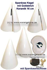 Spardose Kegel mit Goldstrich Farbe wei mit Spardosenschloss & groen Schlssel Mae ca.: H= 16 cm - Bild vergrern 