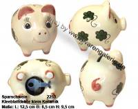 Sparschwein mit Dekor Kleeblatt klein wei Keramik mit Spardosenschloss Mae ca.: L= 12,5 cm - Bild vergrern 