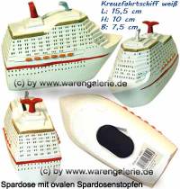 Spardose Kreuzfahrtschiff wei� aus Kunststein mit ovalen Spardosenstopfen  Ma�e ca.: L= 15,5 cm - Bild vergr��ern 