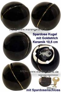 Spardose Kugel mit Goldstrich Farbe schwarz mit Spardosenschloss & Schlssel Mae ca.: = 10,5 cm - Bild vergrern 