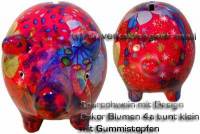 Sparschwein Design Dekor rot/ rosa bunte Blten Keramik klein Spardosenstopfen Mae: ca.: L= 13 cm   - Bild vergrern 