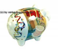 Themen Sparschwein Partysau Keramik wei/ buntes Dekor mit Spardosenstopfen Mae ca.: L= 13 cm - Bild vergrern 
