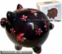 Sparschwein Dekor Blumen schwarz mit rot/ bunten Blten Keramik und Schloss Mae ca.: L= 20 cm       - Bild vergrern 