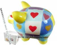Sparschwein mit Herzdekor gelb bunt Keramik mit Spardosenschloss und Schlssel Mae ca: 17 cm - Bild vergrern 