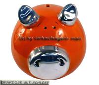 Sparschwein Silberohr orange mit Silber- Chrom- Spiegeleffekt und Spardosenschloss Mae ca: L= 19 cm - Bild vergrern 